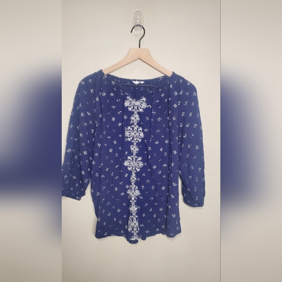 Navy Blue Women's Top with White Pattern - Picture 1 of 3